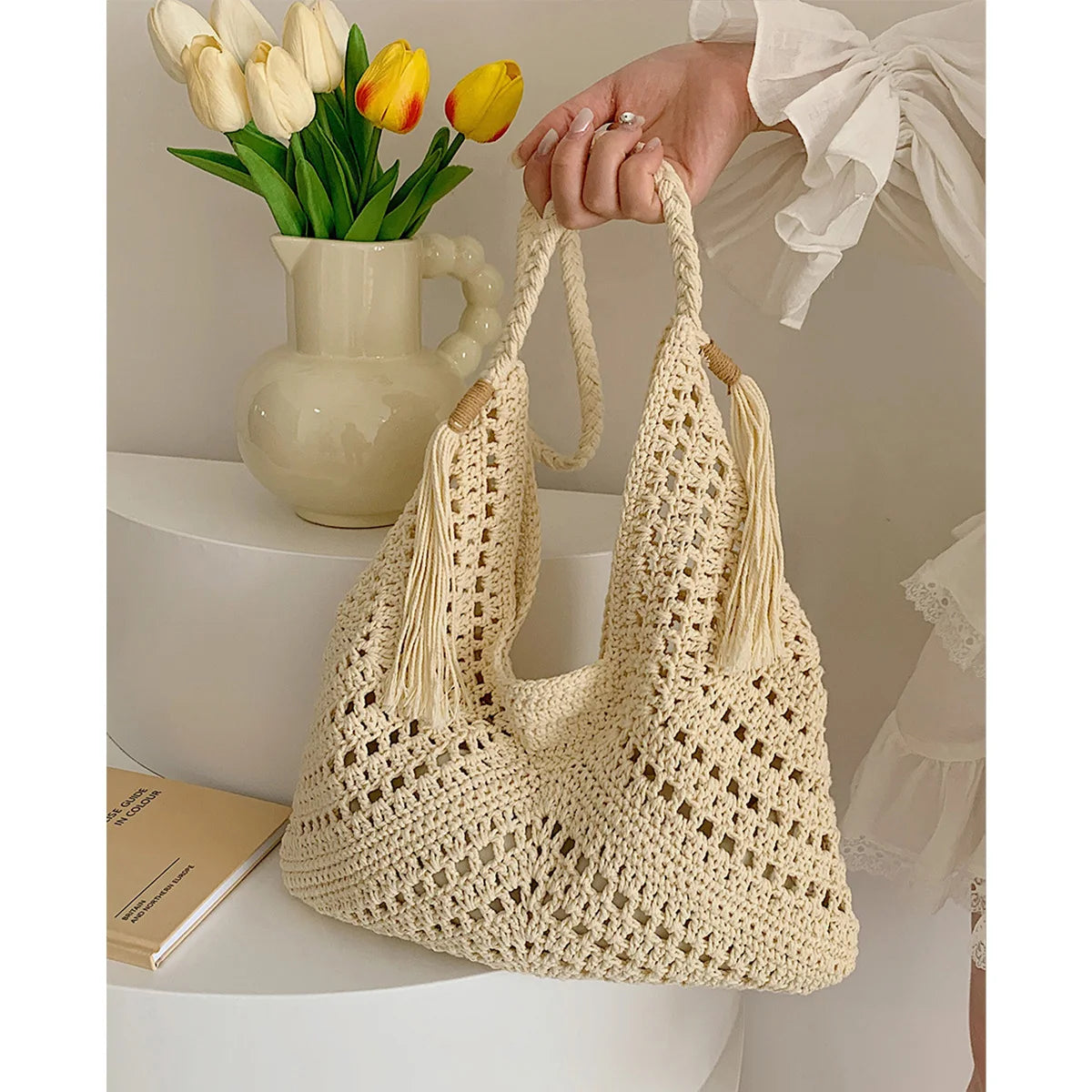 Damen Tote Bag Beach Woven Travel Shoulder Crossbody Purse