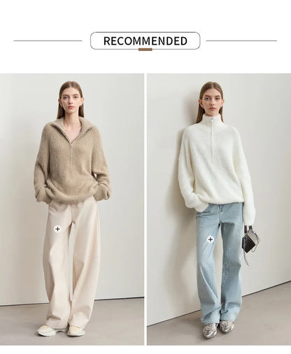 Damen-Rollkragenpullover Reißverschluss Nerz-Optik locker Winter