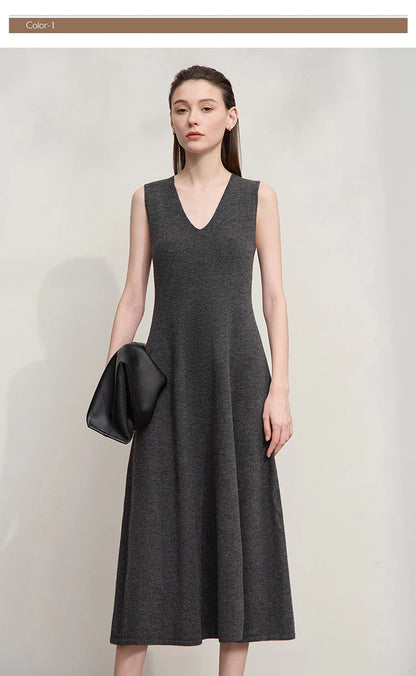 Damen V-Ausschnitt Strickkleid A-Linie ärmellos Herbst-Winter