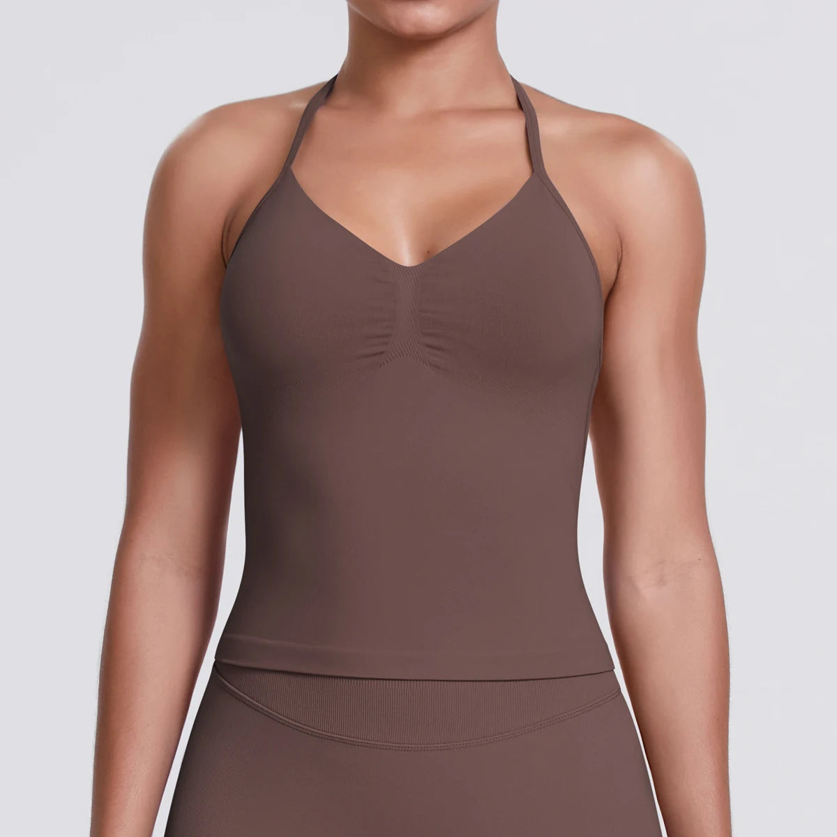 Damen Yoga-Weste mit V-Ausschnitt und breiten Trägern, schokobraun