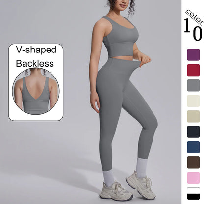 Damen-Yoga-Set aus Trainings-Top und Leggings, grau, V-Ausschnitt hinten
