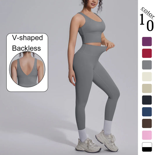 Damen-Yoga-Set aus Trainings-Top und Leggings, grau, V-Ausschnitt hinten