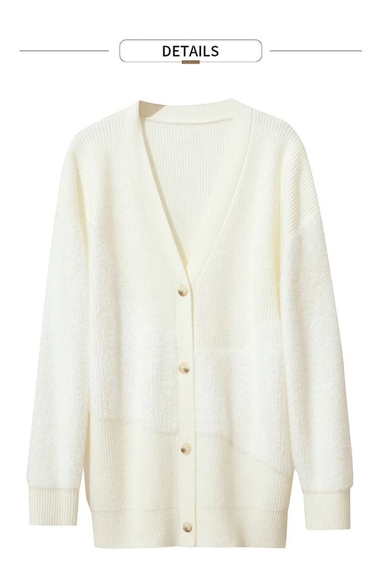 Damen-Strickjacke V-Ausschnitt dick warm locker elastisch Winter