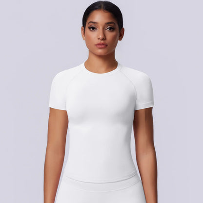 Nahtloses Funktionsshirt für Damen, weißes Kurzarm-Shirt mit Rundhalsausschnitt
