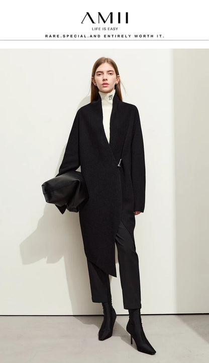 Damen-Strickjacke Wolle Umlegekragen lang locker Tasche Herbst