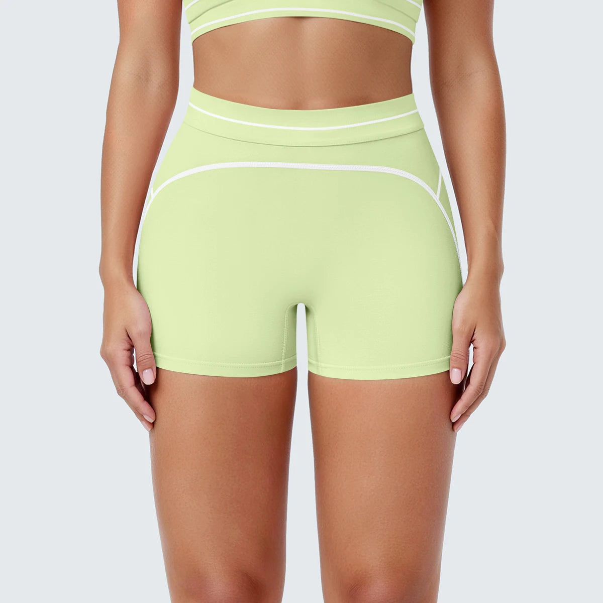 Damen-Yoga-Shorts, hellgrün mit weißen Streifen und breitem Bund