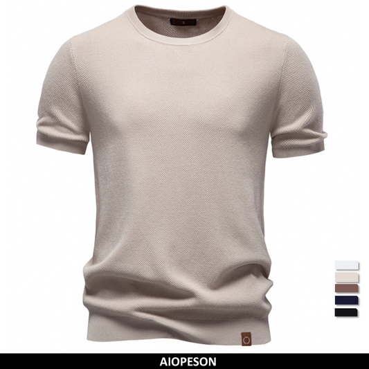 Beiges Herren-T-Shirt mit Rundhalsausschnitt, kurze Ärmel, gerippter Saum