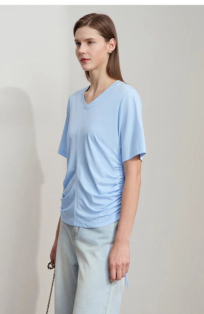 Damen T-Shirt mit solidem V-Ausschnitt und Kordelzug für den Sommer