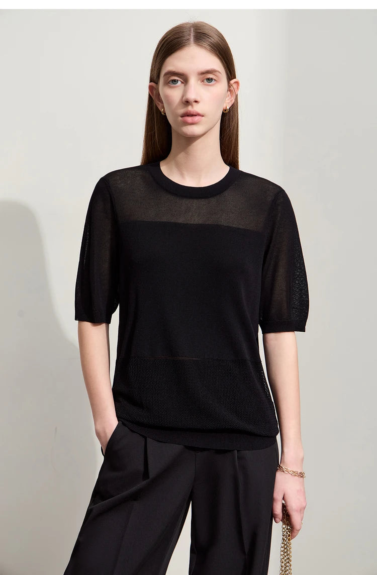 Schwarzer Damen-Strickpullover mit Rundhalsausschnitt und kurzen Ärmeln, locker sitzend