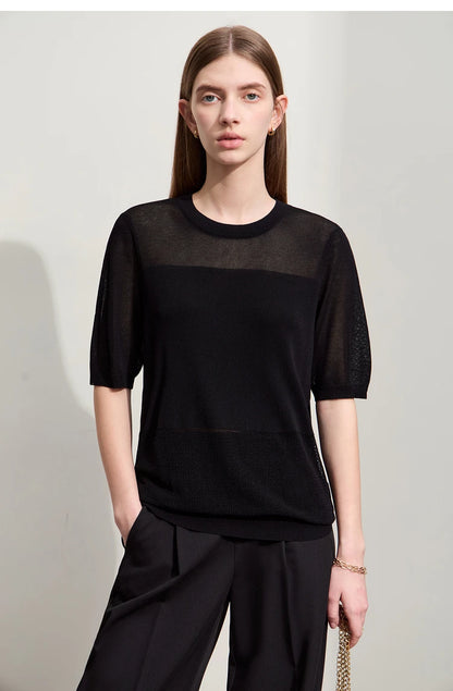 Schwarzer Damen-Strickpullover mit Rundhalsausschnitt und kurzen Ärmeln, locker sitzend