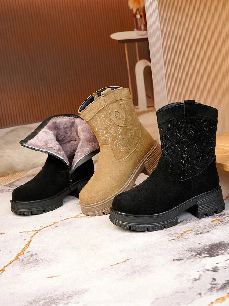 AIYUQI Western Cowboy Boots Women 2025 New Genuine Leather Winter Shoes Boots Women Short Tube Fashion Women's Snow Boots