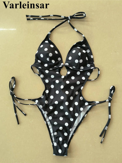 Damen-Badeanzug Polka Dots Neckholder rückenfrei High-Leg Monokini