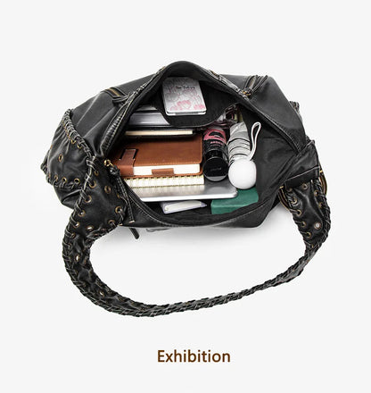 Damen-Hobo-Handtasche Vintage-Stil aus weichem Kunstleder mit geflochtenem Tragegurt und Mehrfach-Reißverschlussfächern