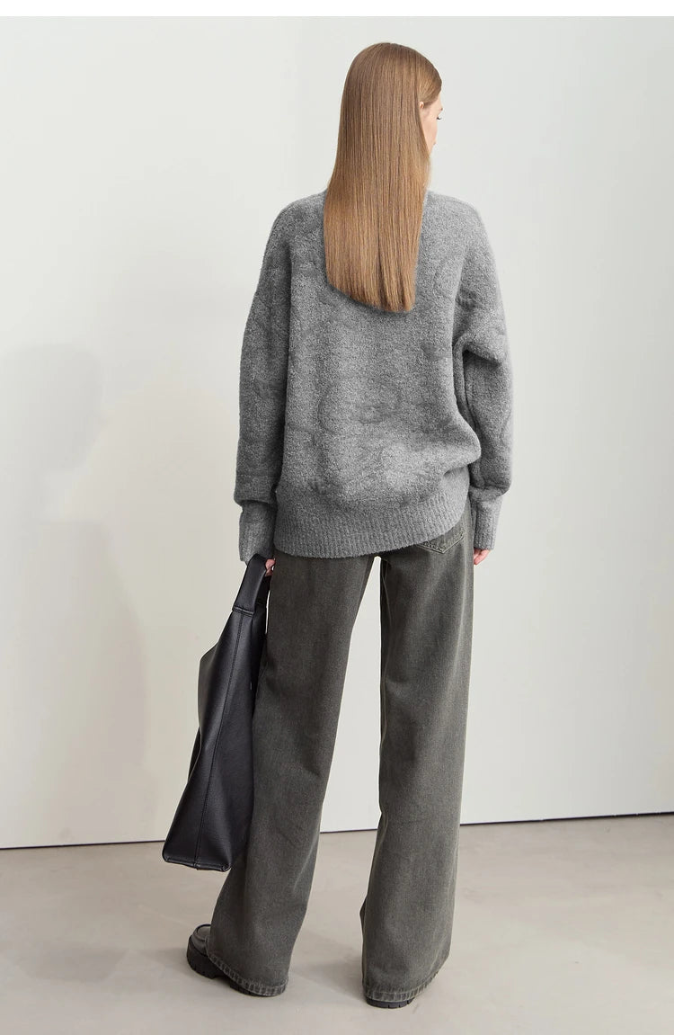 Grauer Damenpullover mit O-Ausschnitt, Jacquard-Strick, Rückansicht, lange Ärmel