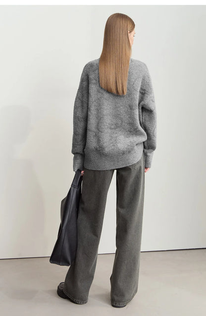 Grauer Damenpullover mit O-Ausschnitt, Jacquard-Strick, Rückansicht, lange Ärmel