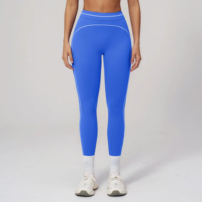Damen Fitness-Leggings in Blau mit Kontrastlinien am Bein und hellem Bund