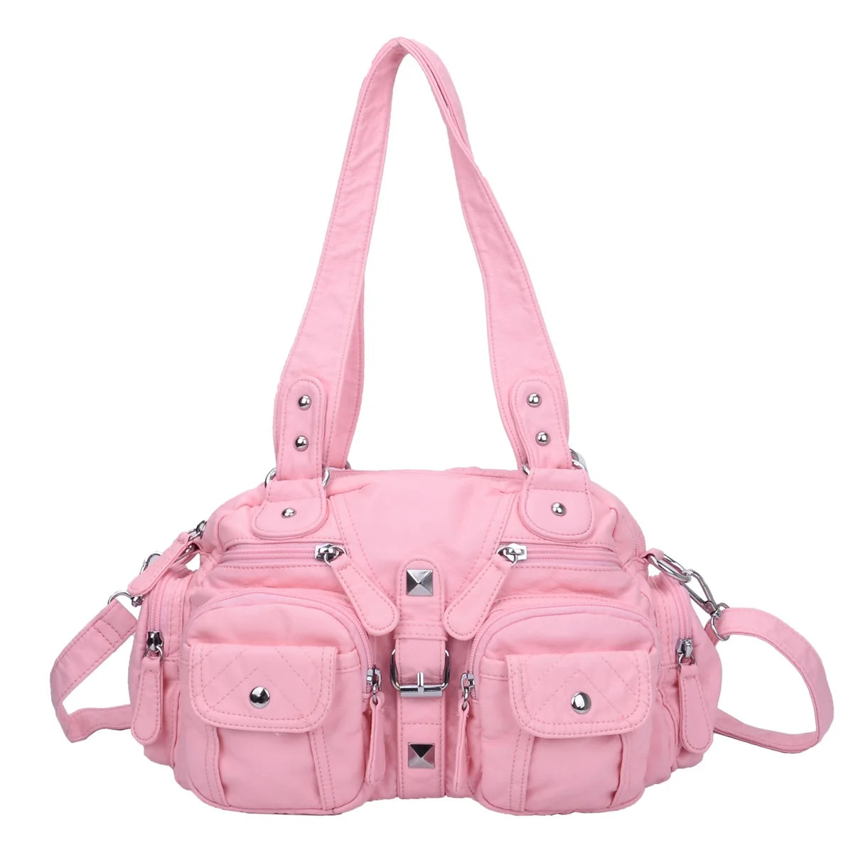 Damen-Umhängetasche aus Leder in Pink Vintage-Look mit Mehrfachfächern und Großem Fassungsvermögen