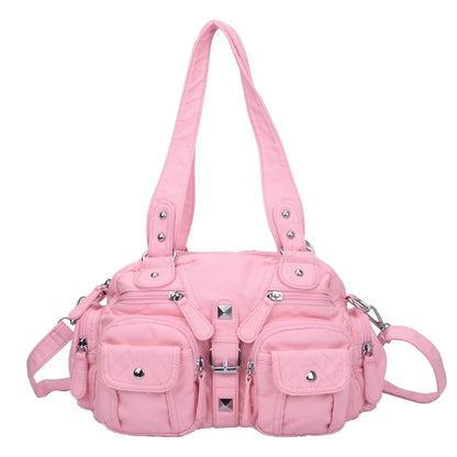 Damen-Umhängetasche aus Leder in Pink Vintage-Look mit Mehrfachfächern und Großem Fassungsvermögen