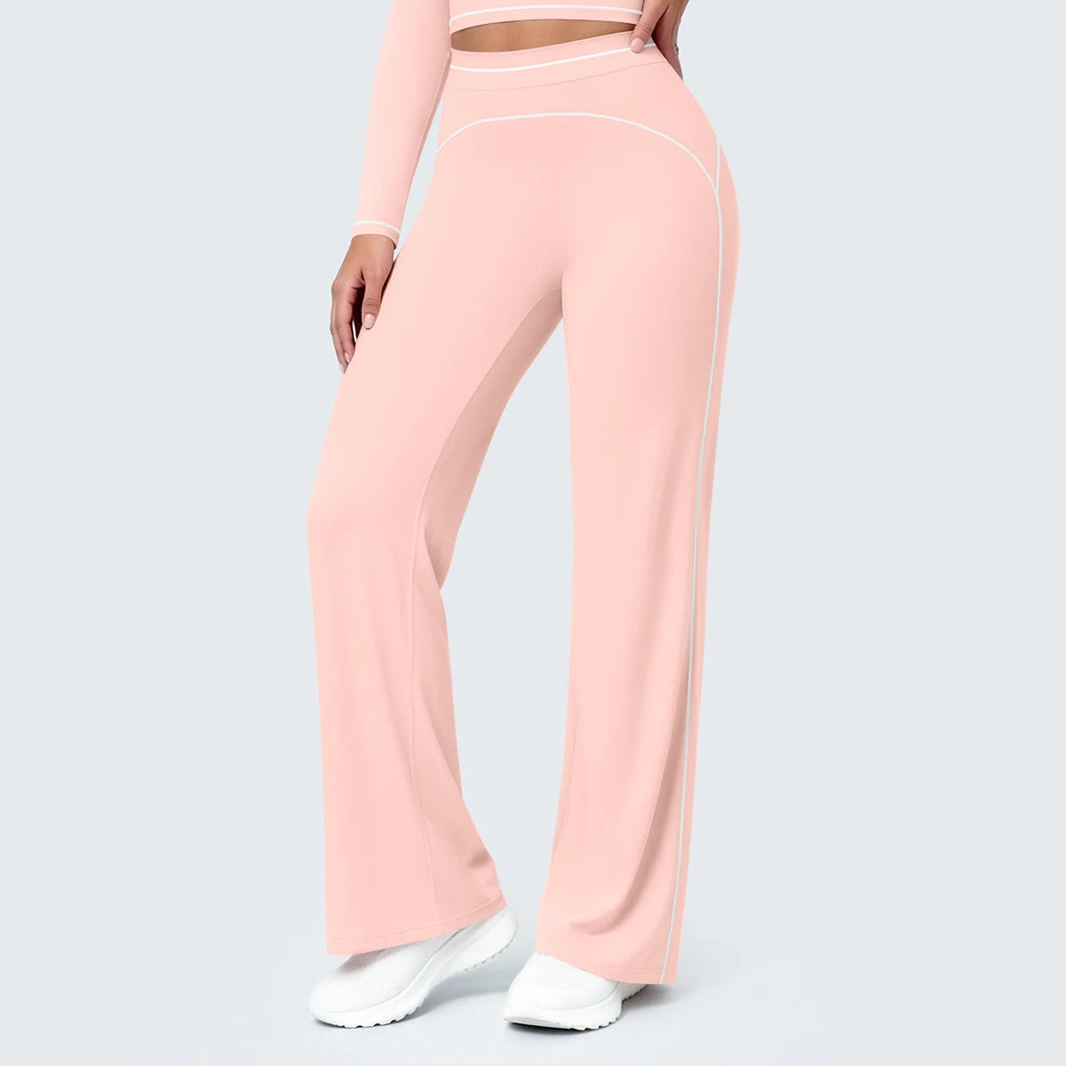 Hellrosa Yoga-Hose für Damen mit weitem Bein und weißen Kontraststreifen