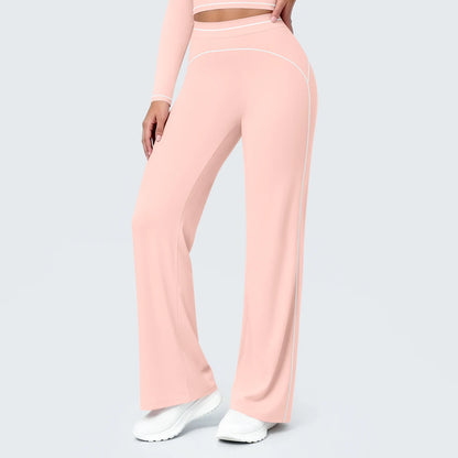 Hellrosa Yoga-Hose für Damen mit weitem Bein und weißen Kontraststreifen