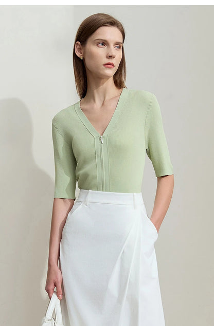 Damen V-Ausschnitt Strickjacke Slim Reißverschluss Viskose Herbst