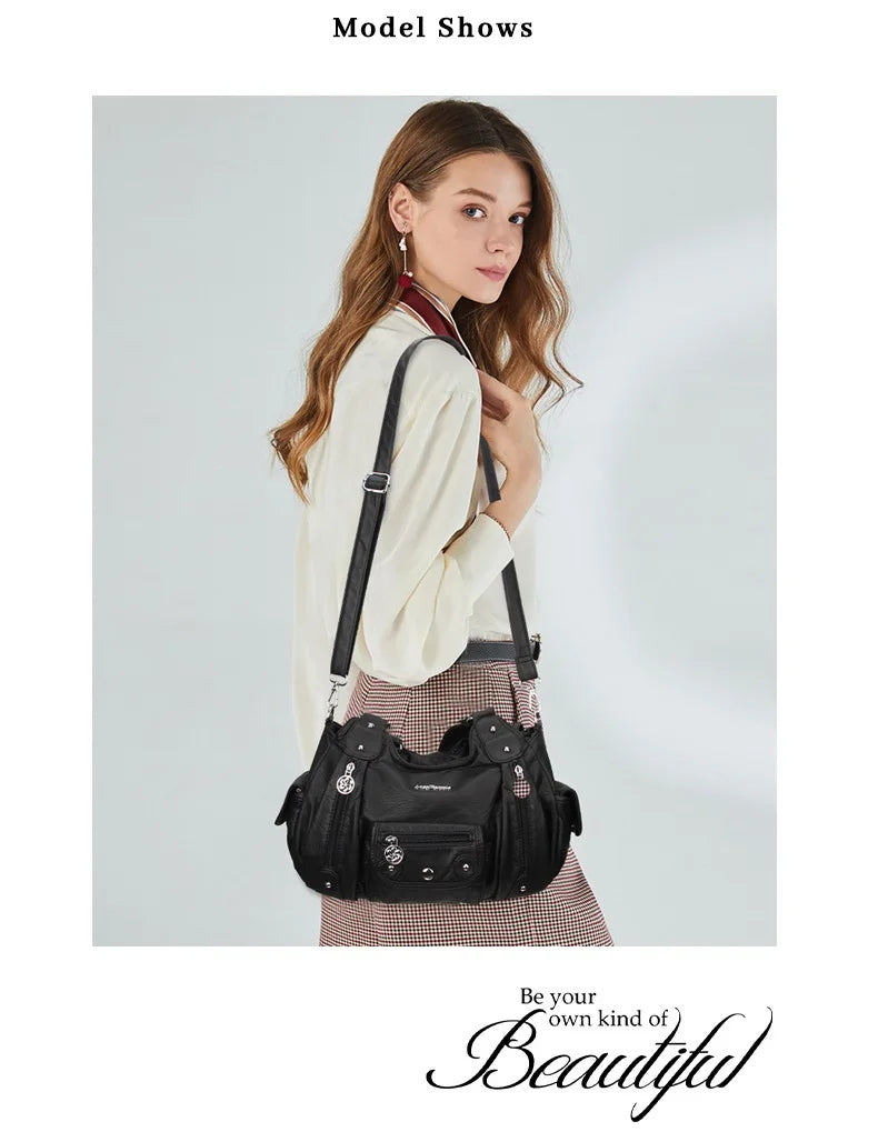 Damen-Handtasche mit Griff aus weichem Polyurethan im Vintage-Design und Mehrfachfächern für Alltag und Abend