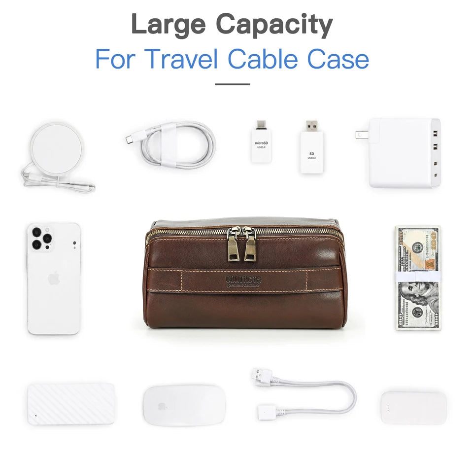 Kaffeebraune Leder-Reisetasche mit Reißverschluss und Aufbewahrung für Reise-USB-Kabel