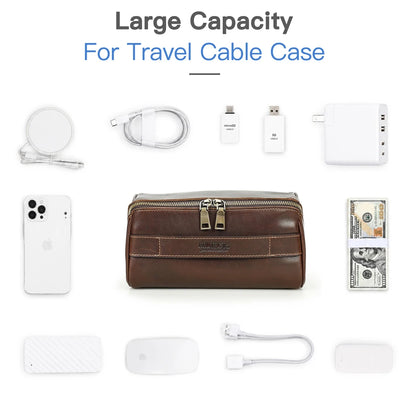Kaffeebraune Leder-Reisetasche mit Reißverschluss und Aufbewahrung für Reise-USB-Kabel