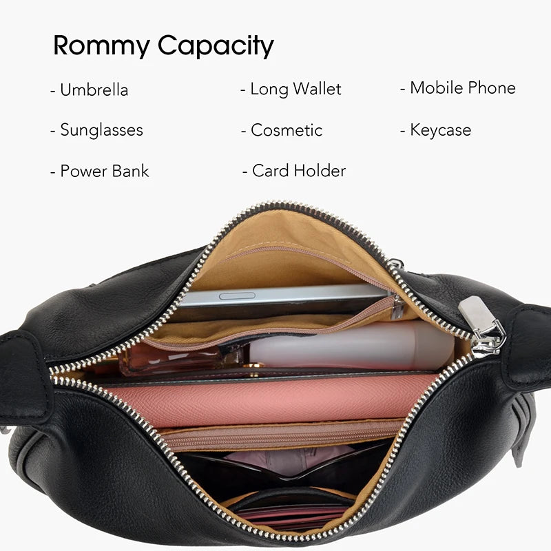 Damen Vollkornleder Hobo Tasche Schwarz | Halbmond-Crossbody