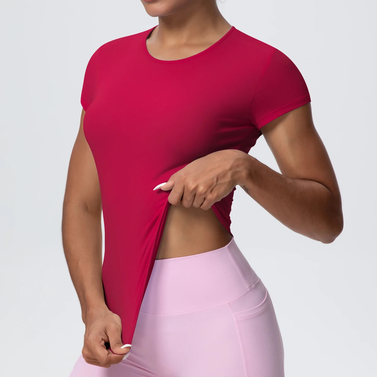 Damen-Yoga-Shirt, rot, kurzarm mit Rundhalsausschnitt, vorne