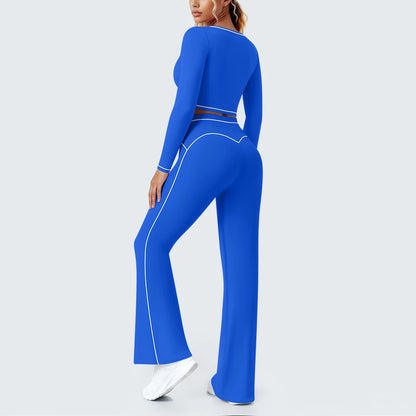 Blaues Damen Yoga-Set: seitliche Ansicht mit Langarm-Top und Cut-out, ausgestellte Leggings