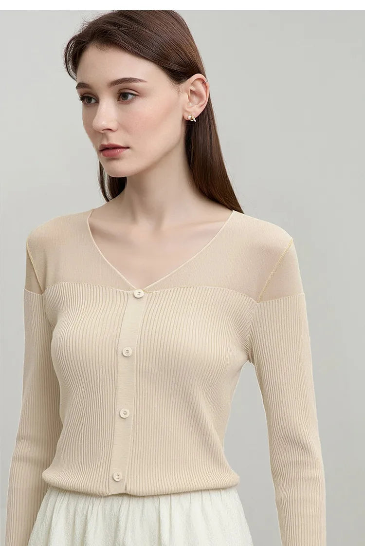 Damen V-Ausschnitt Pullover Viskose Mesh Organza Slim Frühling