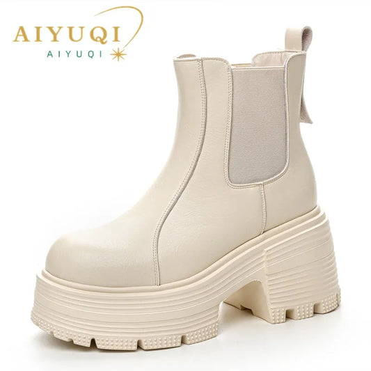 Beige Chelsea-Boots mit breitem Plateau und sichtbarem Blockabsatz