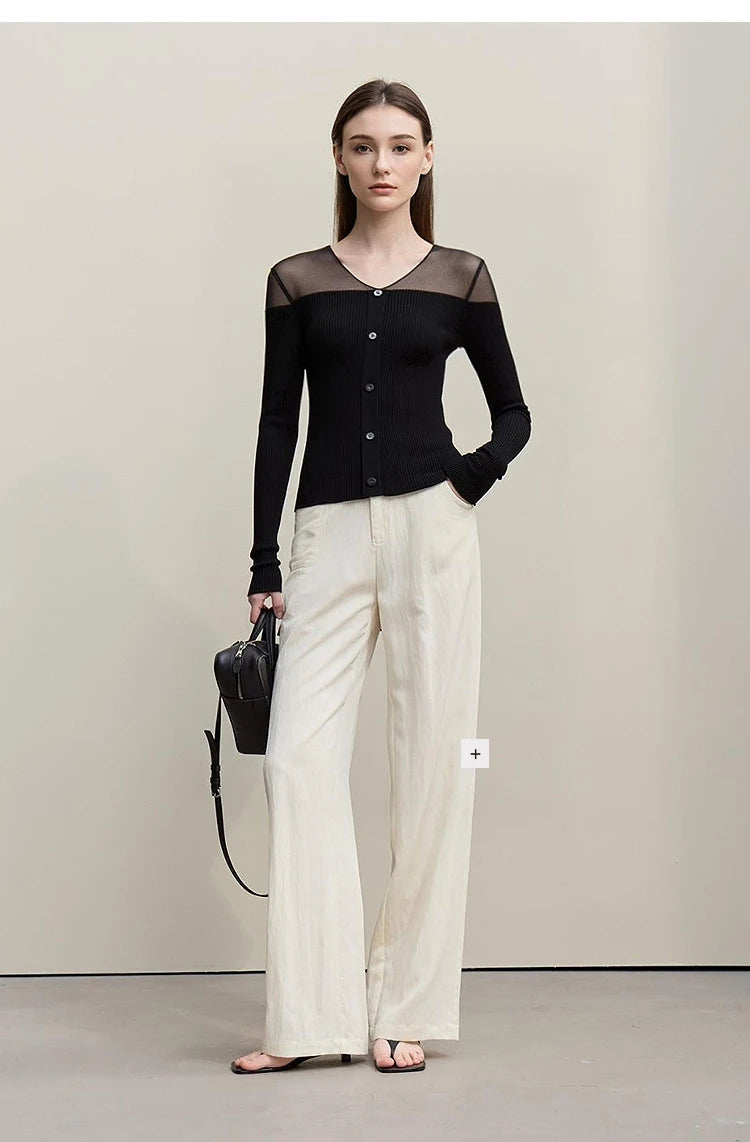 Damen V-Ausschnitt Pullover Viskose Mesh Organza Slim Frühling