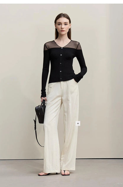 Damen V-Ausschnitt Pullover Viskose Mesh Organza Slim Frühling