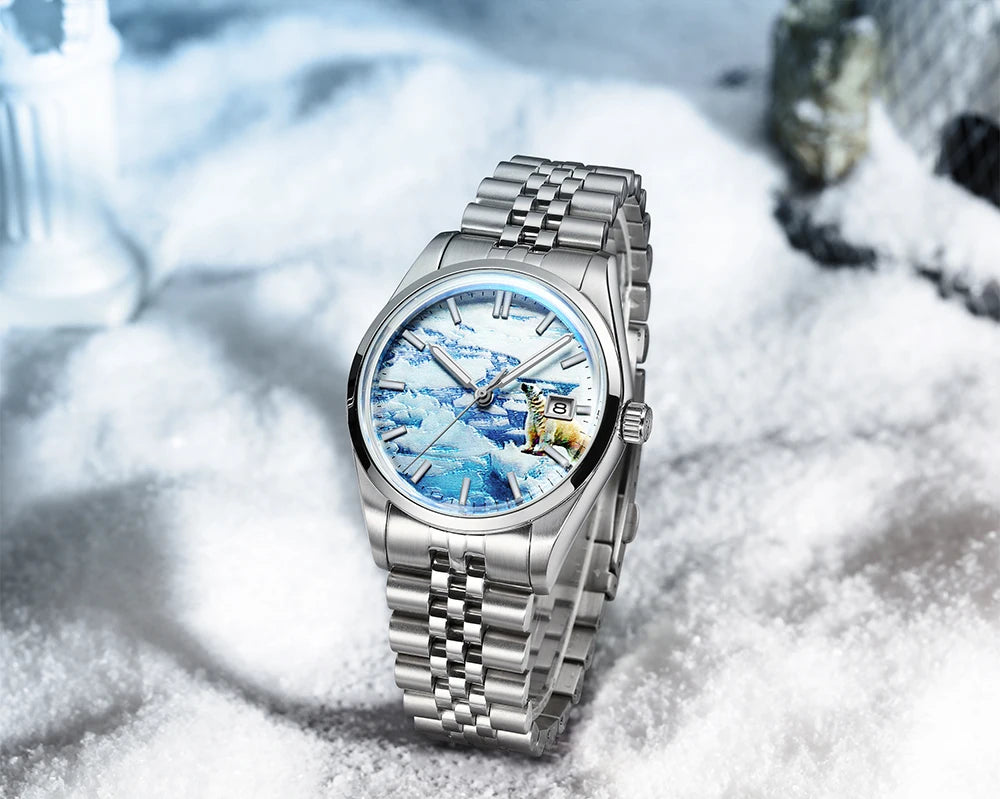 Herren-Automatikuhr mit 3D-Gletscher-Zifferblatt und Bubble-Glas