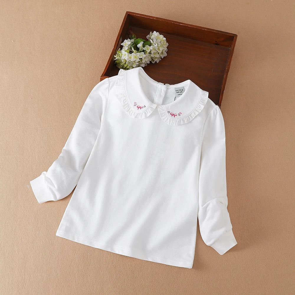 Mädchen bestickter Puppen kragen dünnes Basic-T-Shirt für Frühling und Herbst Kinder Polo Baumwolle Kleidung