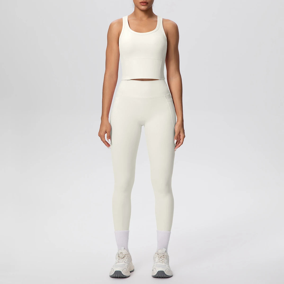 Damen-Yoga-Set mit kurzem Tanktop und High-Waist-Leggings, helles Elfenbein