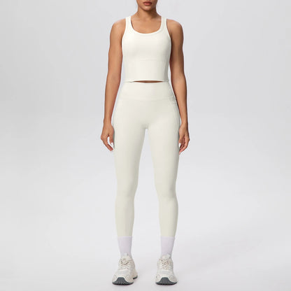 Damen-Yoga-Set mit kurzem Tanktop und High-Waist-Leggings, helles Elfenbein