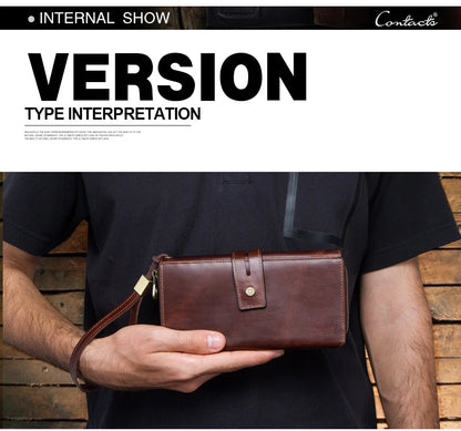 Herren Echtleder Clutch Lange Vintage Geldbörse Reißverschluss Kartenhalter Münzfach