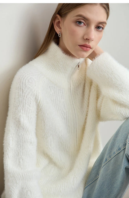 Damen-Rollkragenpullover Reißverschluss Nerz-Optik locker Winter