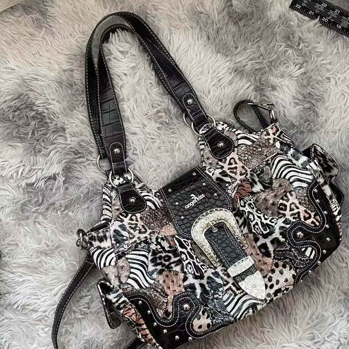Damen-Handtasche aus PU Leder Leopardenmuster Top-Handle Tragegriff Mit Innenfächern und Reißverschlussfach