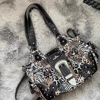 Damen-Handtasche aus PU Leder Leopardenmuster Top-Handle Tragegriff Mit Innenfächern und Reißverschlussfach