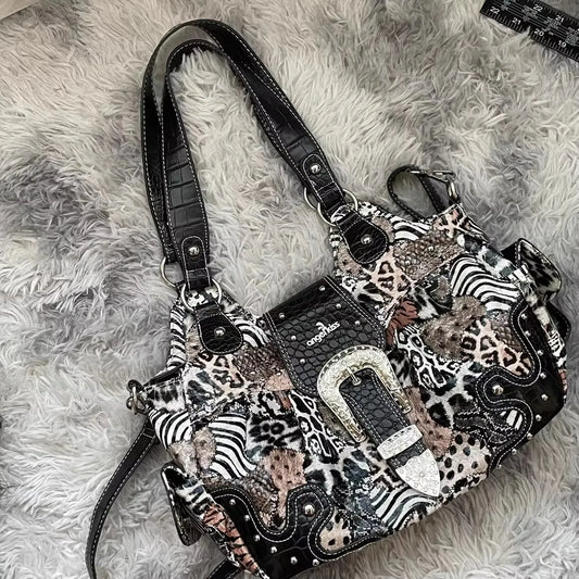Damen-Handtasche aus PU Leder Leopardenmuster Top-Handle Tragegriff Mit Innenfächern und Reißverschlussfach