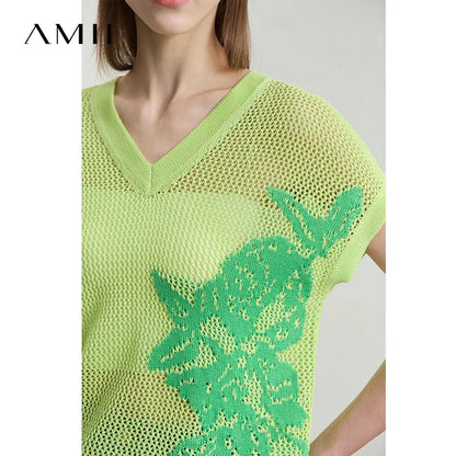 Damen V-Ausschnitt Pullover Viskose Kurzarm Aushöhlung Sommer