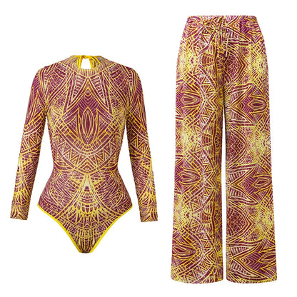 Damen Badeanzug Blumen Print Langarm mit Hose Einteiler Schwimmanzug