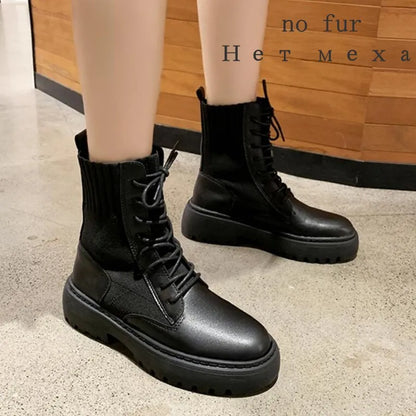 AIYUQI Women Winter Boots Shoes Genuine Leather Flat Fur Ankle Boots Women Platform Fashion Women's Socks Boots