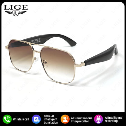 LIGE Intelligente Bluetooth-Brille AI Intelligente Übersetzung Echtzeit-Simultan-Interpretation Headset Drahtlose Anruf-Sonnenbrille