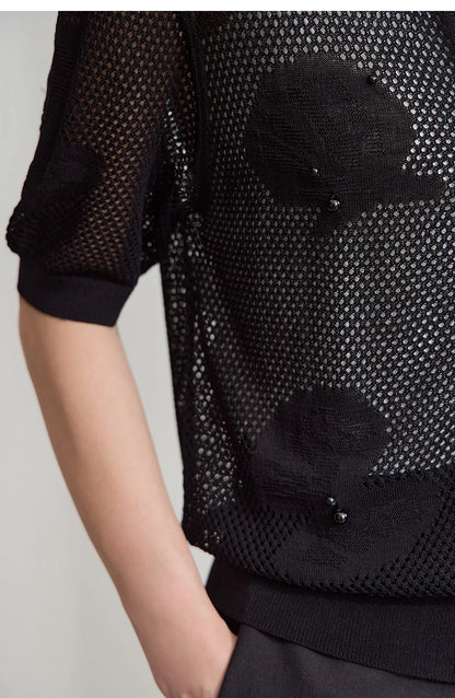 Damen-Rundhalspullover Jacquard Kurzarm locker Büro Sommer