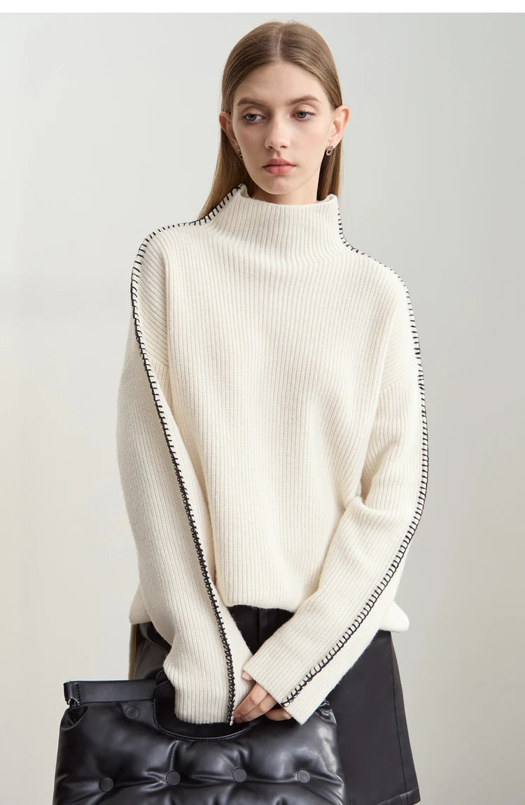 Damen-Rollkragenpullover Wolle Stickerei locker Weihnachten Winter